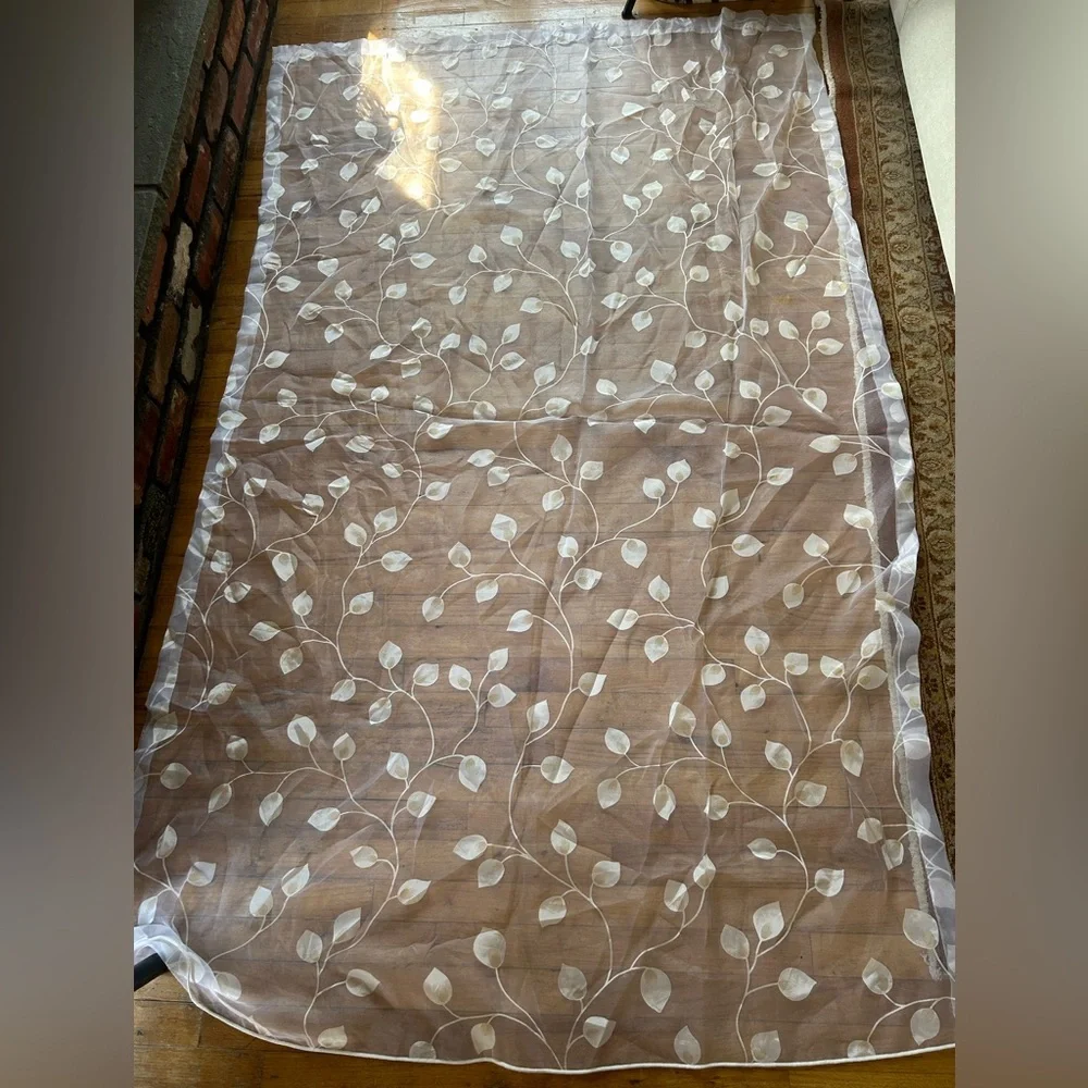 Henredon Vintage Sheer With Leaf Design Window Curtain  50”w x 82” L White
